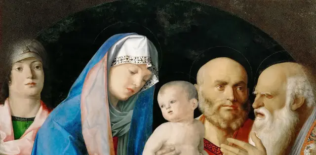 Homage to Christ in the Temple by Giovanni Bellini: Witnesses close the shallow space