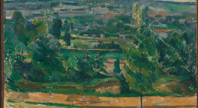 Landscape from Jas de Bouffan by Paul Cezanne: Dark tree masses frame the valley