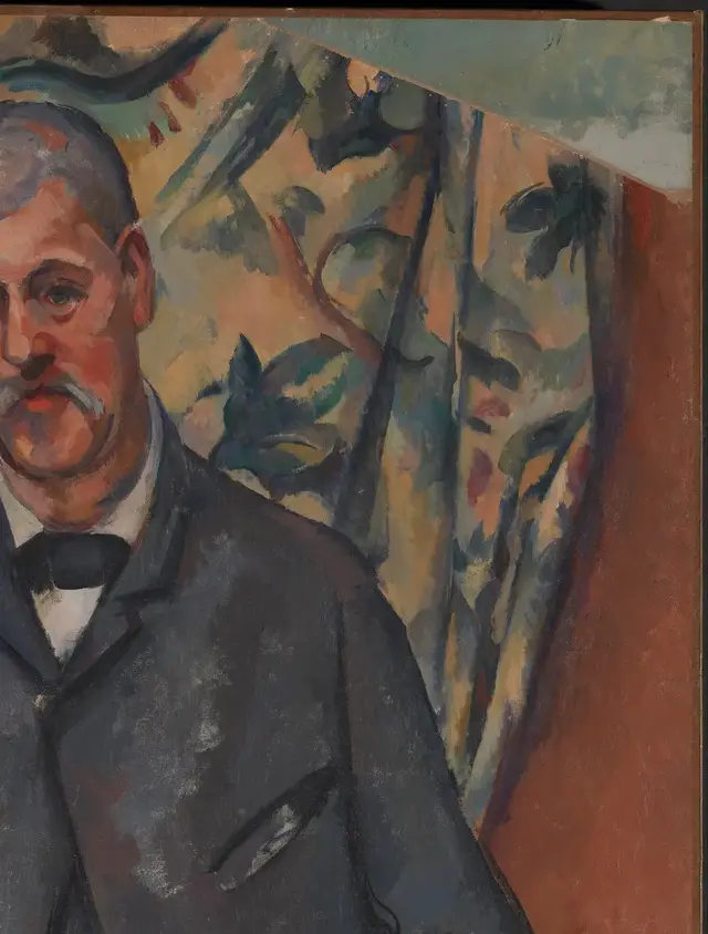 Seated Man by Paul Cezanne: The patterned cloth unsettles the background