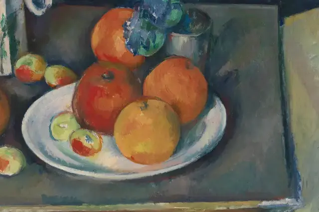 Still Life by Paul Cezanne: The plate tilts toward the viewer