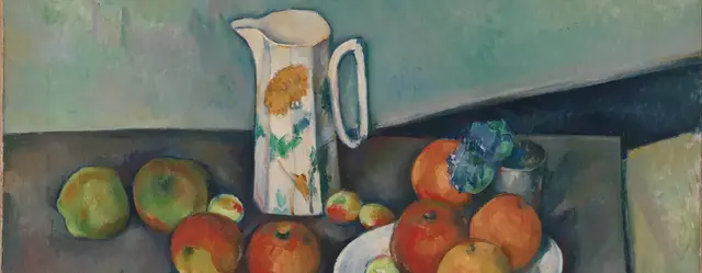 Still Life by Paul Cezanne: A dark diagonal divides wall and table