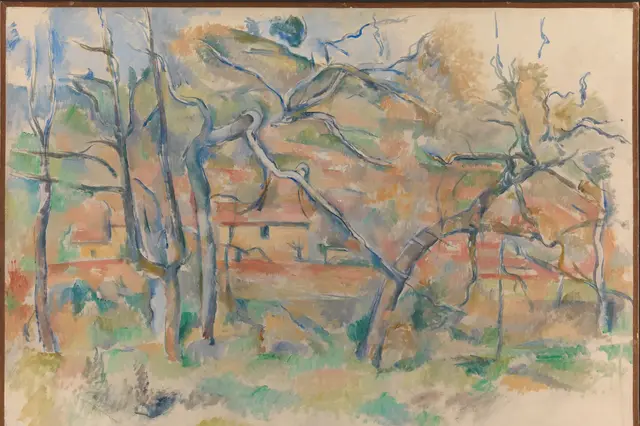 Trees and Houses, Provence by Paul Cezanne: Blue contours organize separate objects
