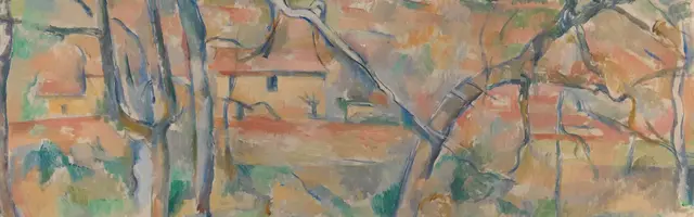 Trees and Houses, Provence by Paul Cezanne: Low houses stabilize the moving branches