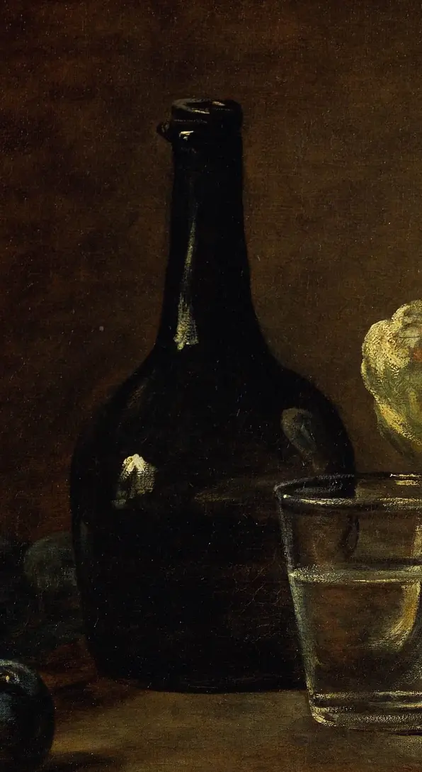 Still Life with Plums by Jean-Simeon Chardin: The bottle supplies the central vertical