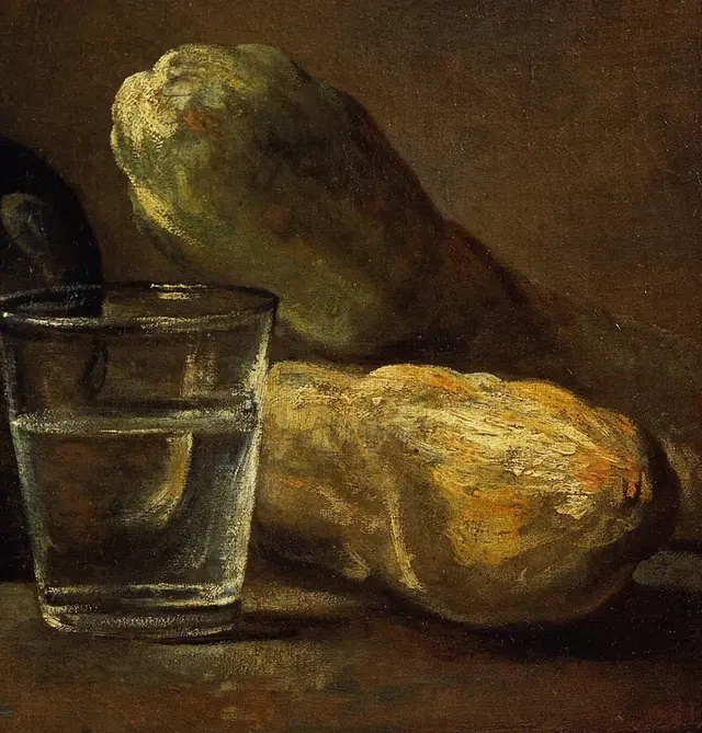 Still Life with Plums by Jean-Simeon Chardin: Bread carries the brightest material texture