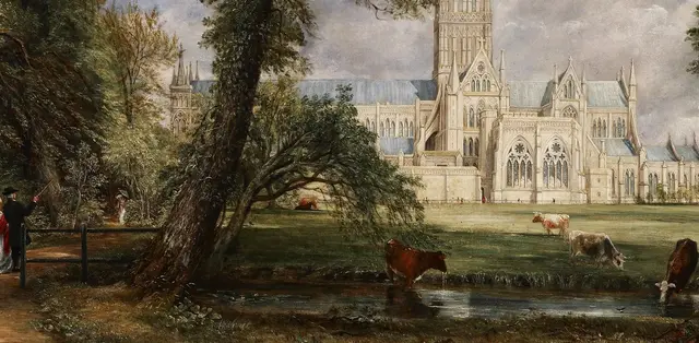 Salisbury Cathedral from the Bishop's Grounds by John Constable: Small lives occupy the monumental view