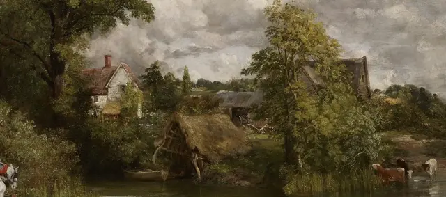 The White Horse by John Constable: Buildings distribute settlement across the middle ground