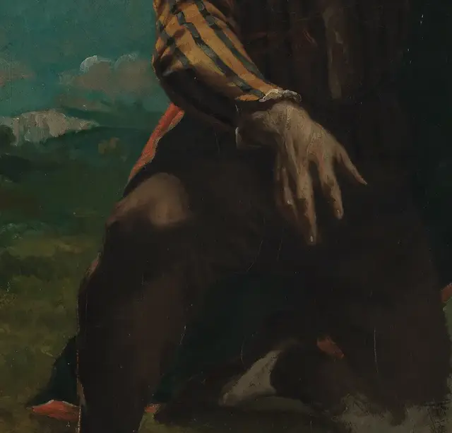 The Man Mad with Fear by Gustave Courbet: The lowered hand projects toward the viewer