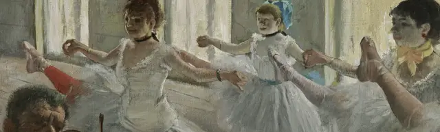 The Rehearsal by Edgar Degas: Horizontal arms link separate dancers