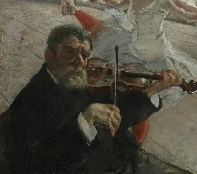 The Rehearsal by Edgar Degas: The violinist blocks the conventional stage view