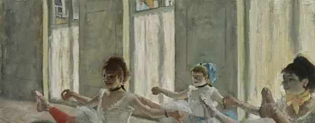 The Rehearsal by Edgar Degas: Tall windows measure the rehearsal rhythm