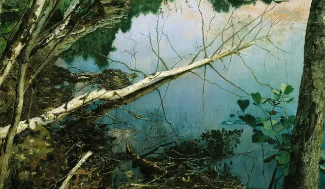 Summer Night by Eilif Peterssen: The fallen tree crosses reflection and depth