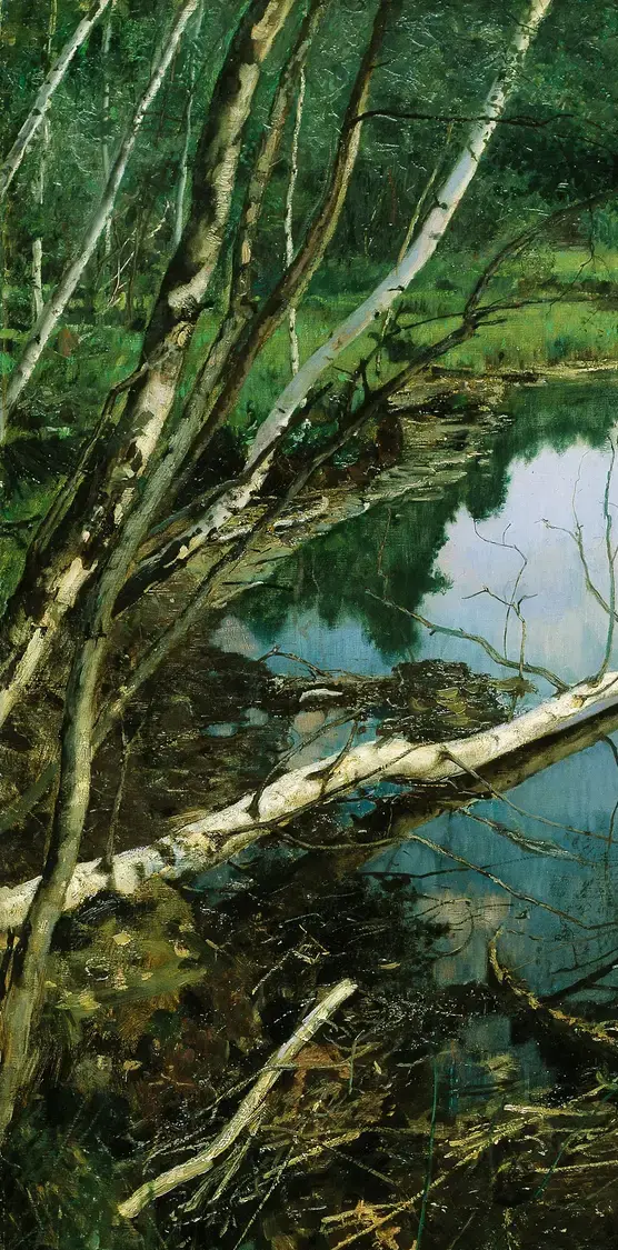 Summer Night by Eilif Peterssen: Birches form a dense near screen