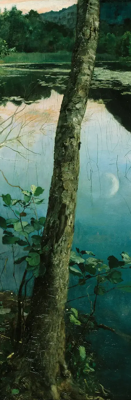 Summer Night by Eilif Peterssen: One vertical trunk divides the view