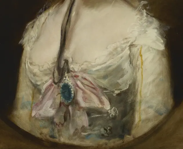 Grace Dalrymple Elliott by Thomas Gainsborough: Loose fabric converges on the blue brooch