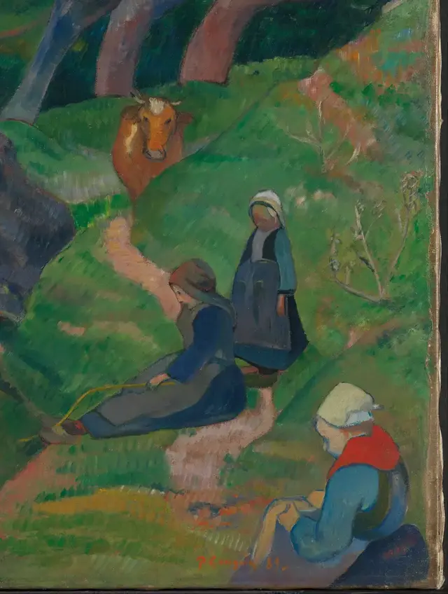 Landscape from Brittany by Paul Gauguin: Three figures sit apart from the herd