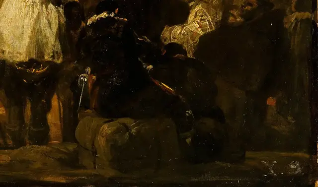 Night Scene from the Inquisition by Francisco de Goya: Seated bodies block the lower view