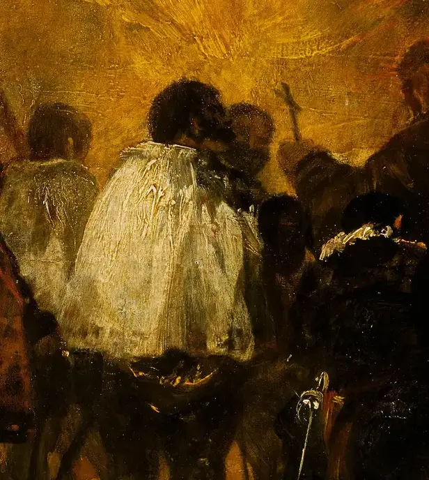 Night Scene from the Inquisition by Francisco de Goya: One pale garment becomes the central visual fact
