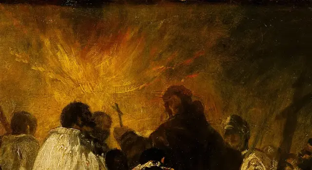 Night Scene from the Inquisition by Francisco de Goya: A yellow flare organizes the crowd
