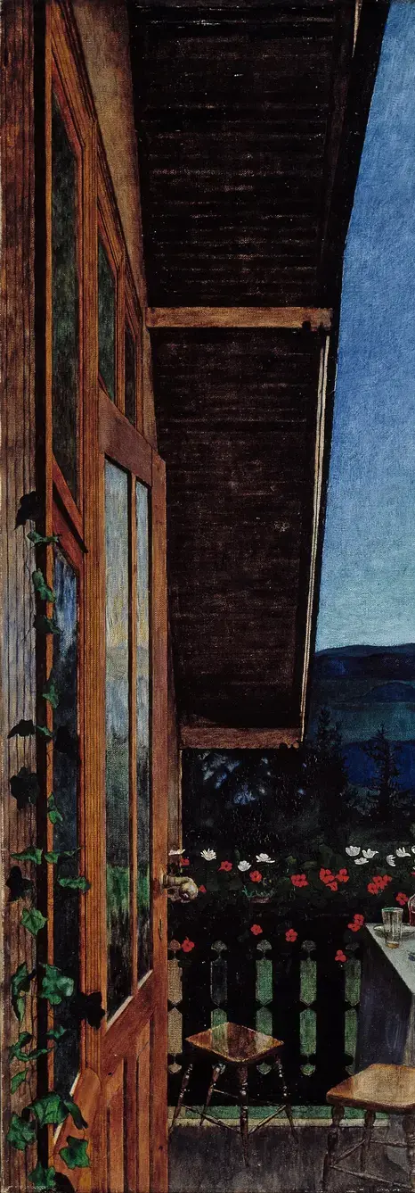 Summer Night by Harald Sohlberg: The building creates a strong vertical frame