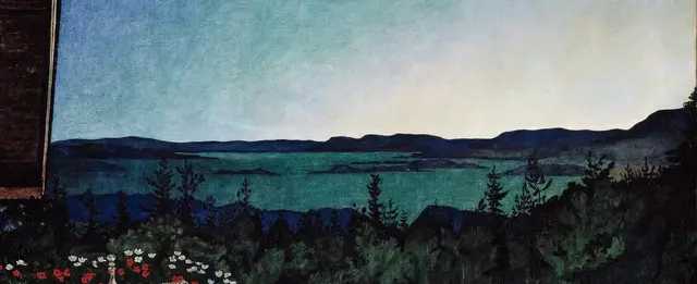 Summer Night by Harald Sohlberg: The fjord is organized as a turquoise band