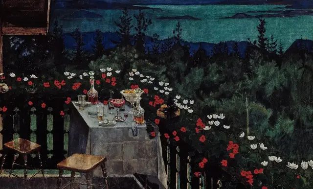 Summer Night by Harald Sohlberg: Red and white flowers mark the threshold