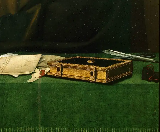 Thomas Cromwell by Hans Holbein the Younger: Quill and scissors turn the table into a workplace