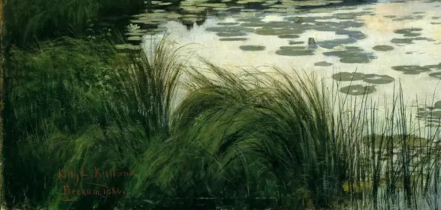 Summer Night by Kitty Kielland: Foreground reeds establish the viewer's shore