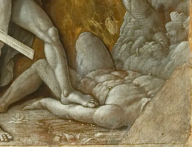 David with the Head of Goliath by Andrea Mantegna: The defeated body is compressed by foreshortening