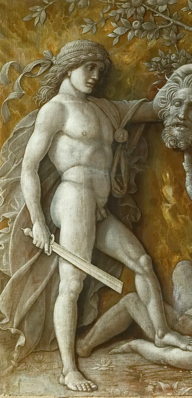 David with the Head of Goliath by Andrea Mantegna: David is posed like a carved victor