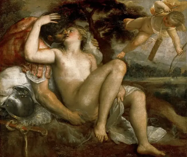 Mars, Venus and Amor by Titian: Close cropping removes mythic distance