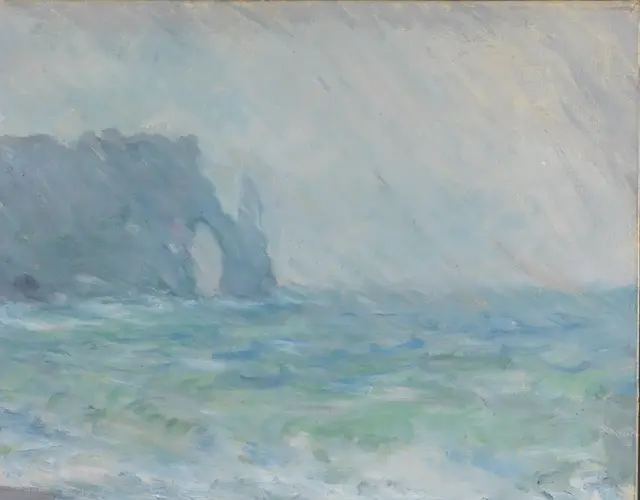 Etretat in the Rain by Claude Monet: Rain is built from directional paint