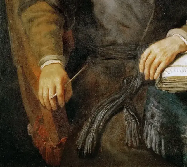 The Apostle Paul by Rembrandt van Rijn: The open manuscript begins the reading