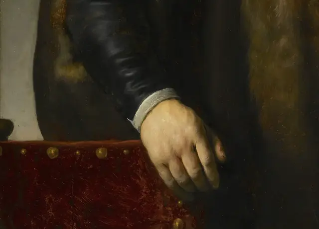 Nicolaes Ruts by Rembrandt van Rijn: The lower hand stabilizes the body