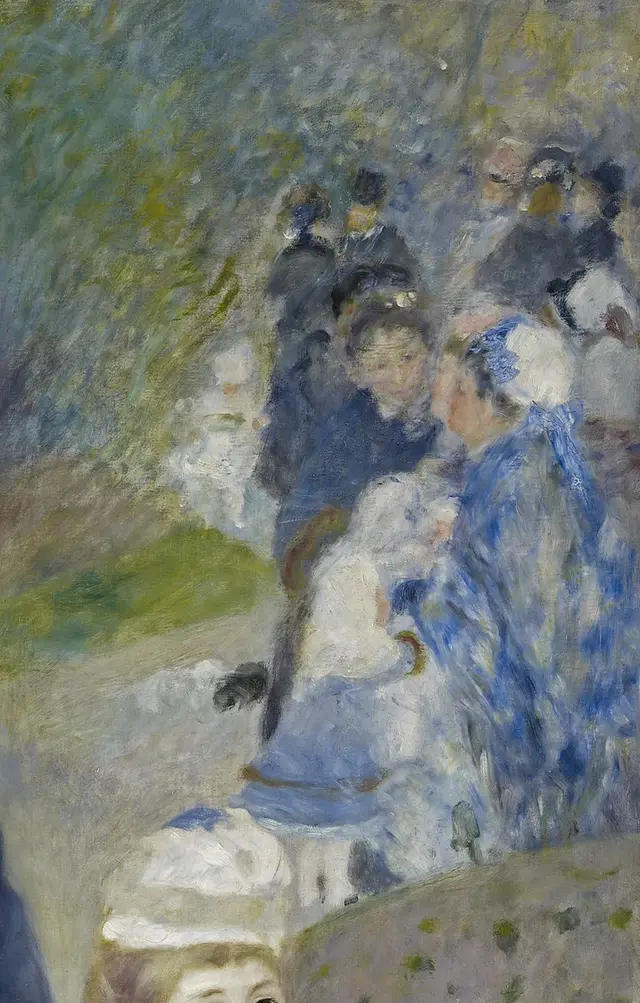 La Promenade by Pierre-Auguste Renoir: The background compresses public life