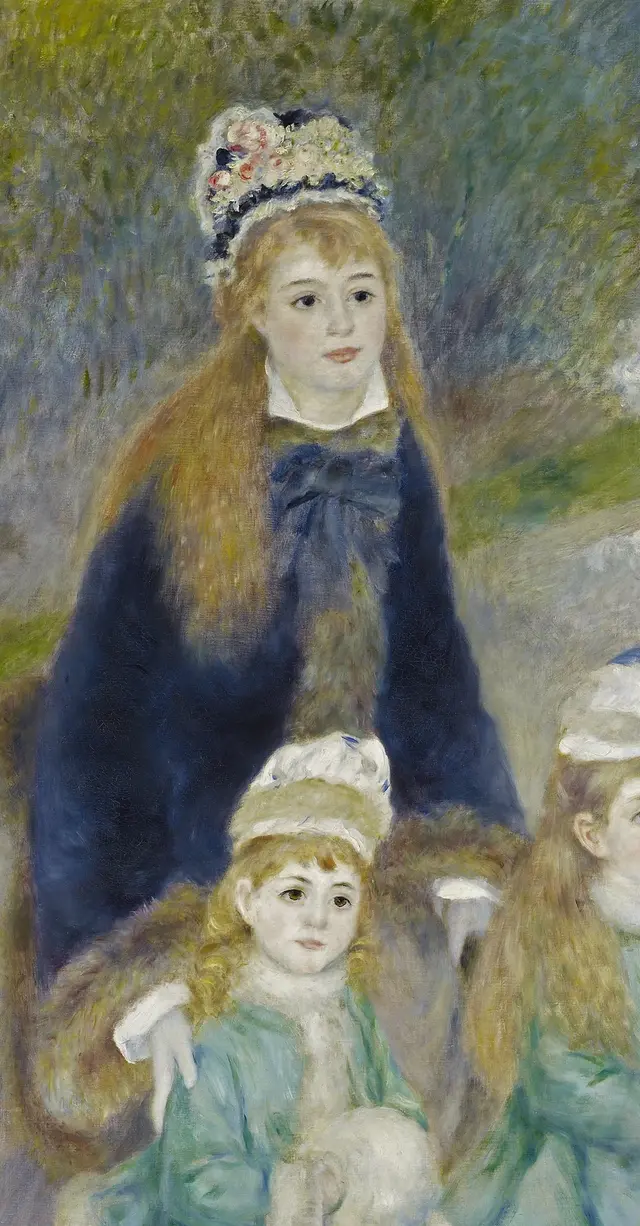 La Promenade by Pierre-Auguste Renoir: The adult figure creates a dark vertical shelter