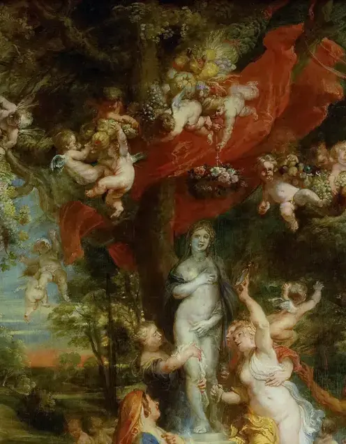 The Feast of Venus by Peter Paul Rubens: The cult image provides a vertical anchor