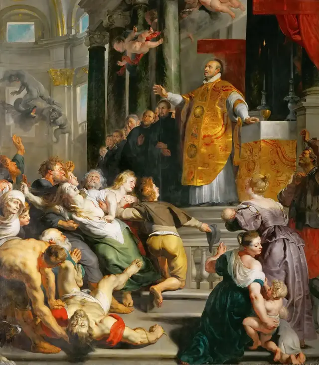 The Miracles of St. Ignatius of Loyola by Peter Paul Rubens: Diagonal gestures join separate events