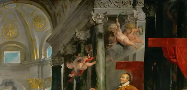 The Miracles of St. Ignatius of Loyola by Peter Paul Rubens: The upper zone authorizes the earthly action