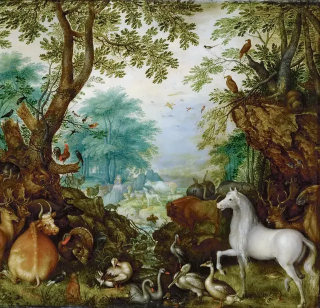 Orpheus Among the Animals by Roelant Savery: Birds occupy ground, water, branches and air