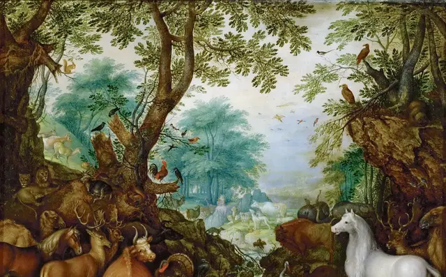 Orpheus Among the Animals by Roelant Savery: Dark trees frame a luminous opening
