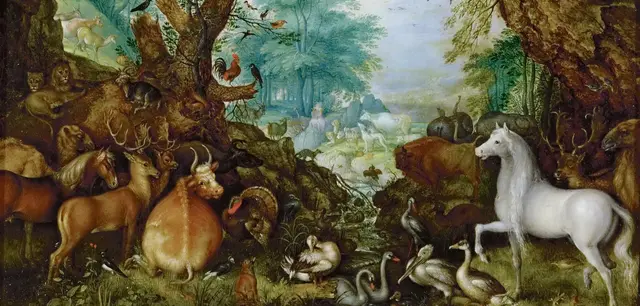 Orpheus Among the Animals by Roelant Savery: Mammals crowd the forest into a living inventory