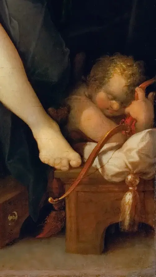 Venus and Mars Warned by Mercury by Bartholomeus Spranger: Sleeping Cupid lowers the scene's alertness