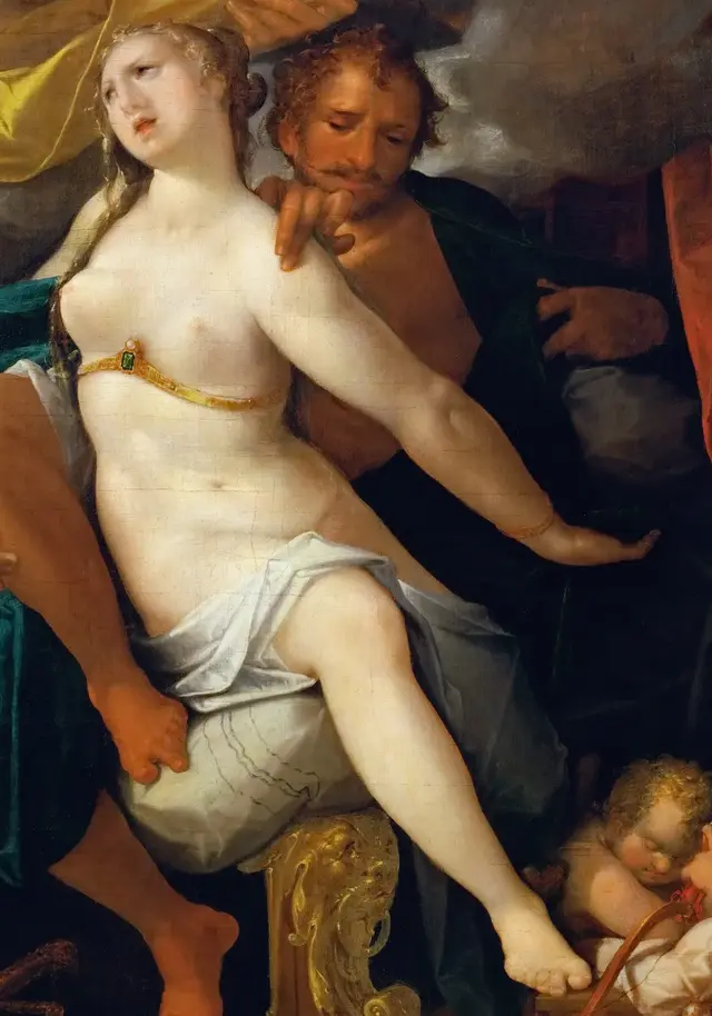 Venus and Mars Warned by Mercury by Bartholomeus Spranger: Mars is caught between embrace and alarm