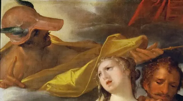 Venus and Mars Warned by Mercury by Bartholomeus Spranger: Mercury enters as a head, hand and caduceus
