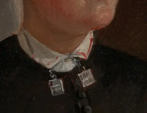 Portrait of Elseberg Herrestvedt by Adolph Tidemand: Silver fasteners concentrate costume detail