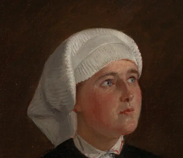 Portrait of Elseberg Herrestvedt by Adolph Tidemand: The white headdress frames the face