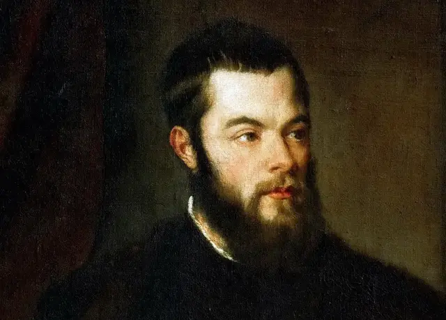 Benedetto Varchi by Titian: The face anchors a long dark vertical