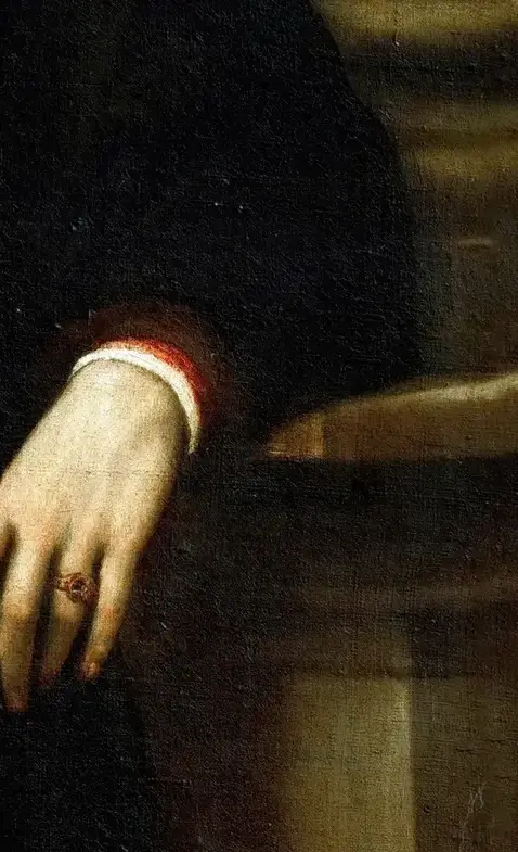 Benedetto Varchi by Titian: Titian signs inside the depicted space