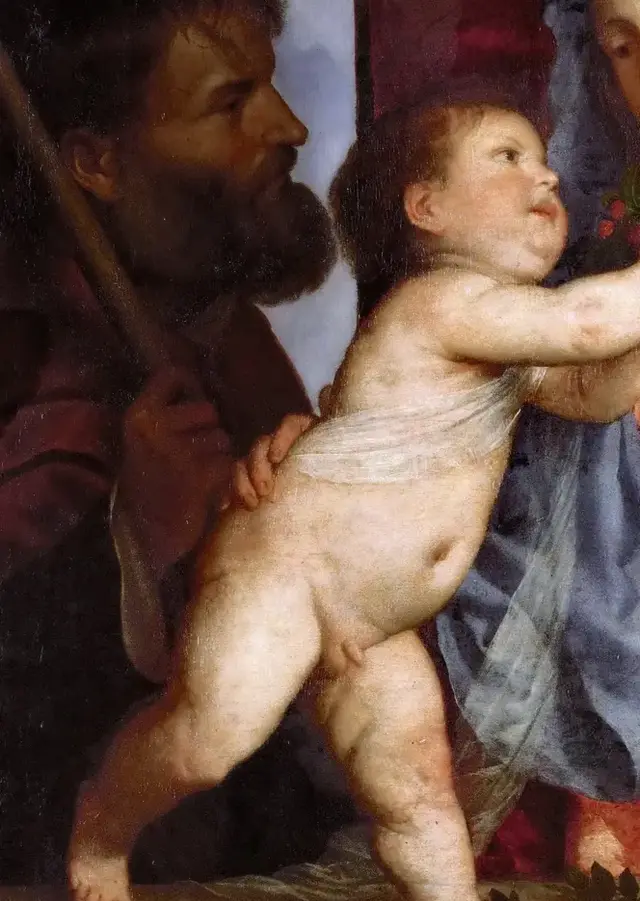 Madonna of the Cherries by Titian: The young John approaches from the side